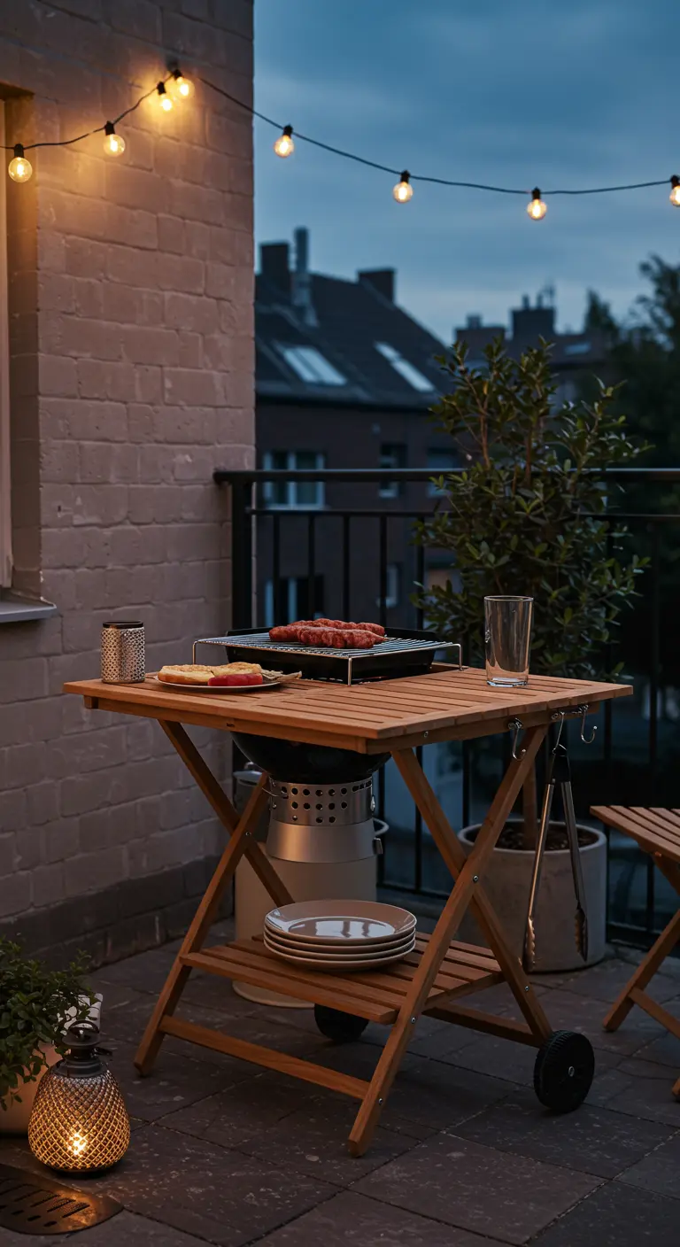 Mesa de barbacoa plegable de madera con ruedas en un balcón por la noche, con luces de guirnalda.