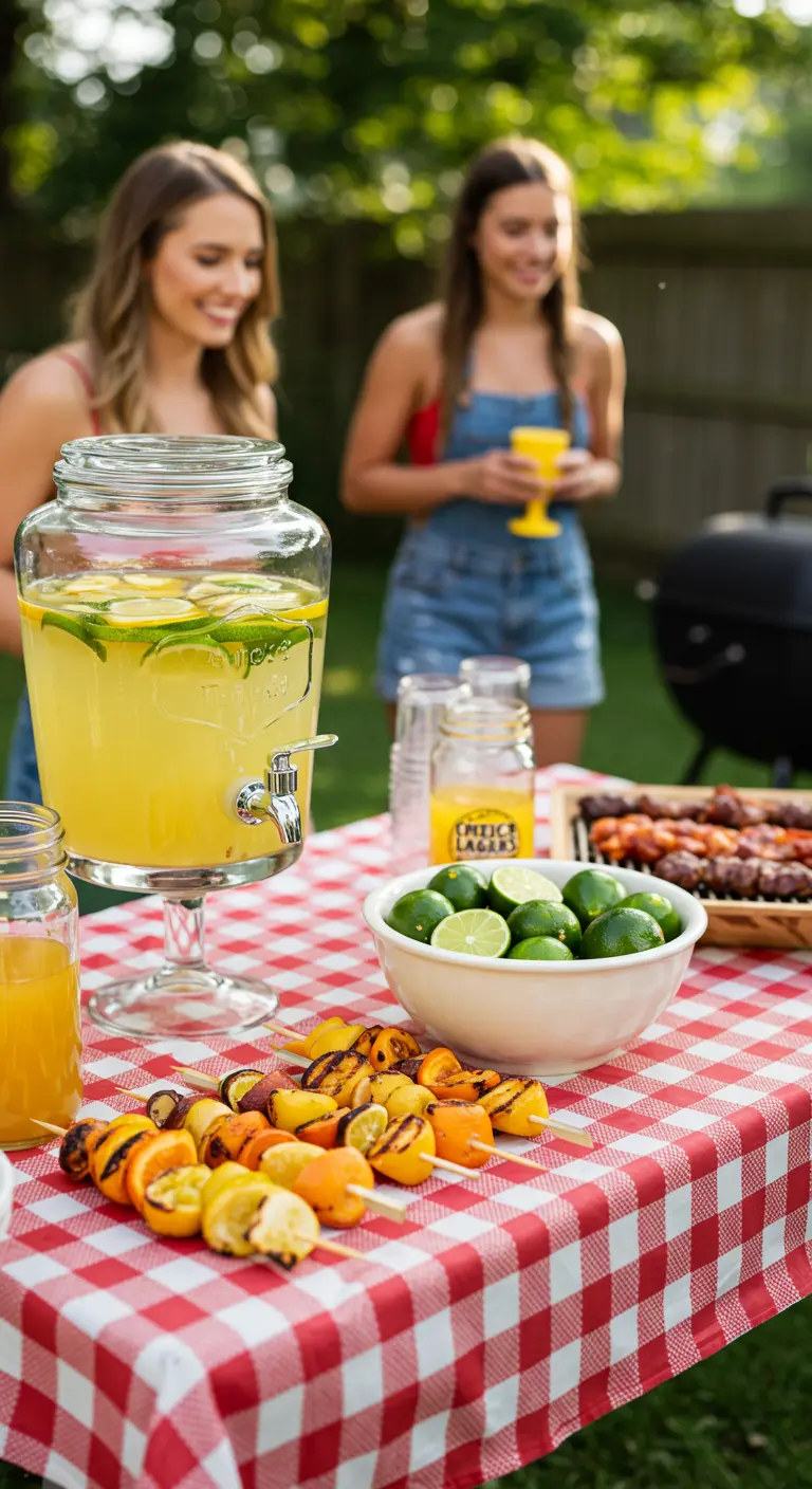 Mesa de barbacoa con mantel a cuadros, dispensador de limonada y brochetas.