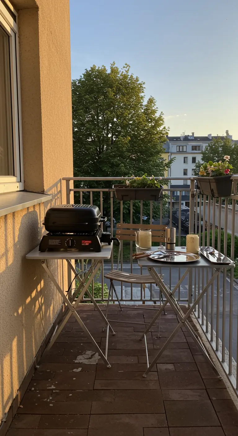 Pequeña parrilla portátil sobre una mesa plegable de metal en un balcón durante el atardecer.