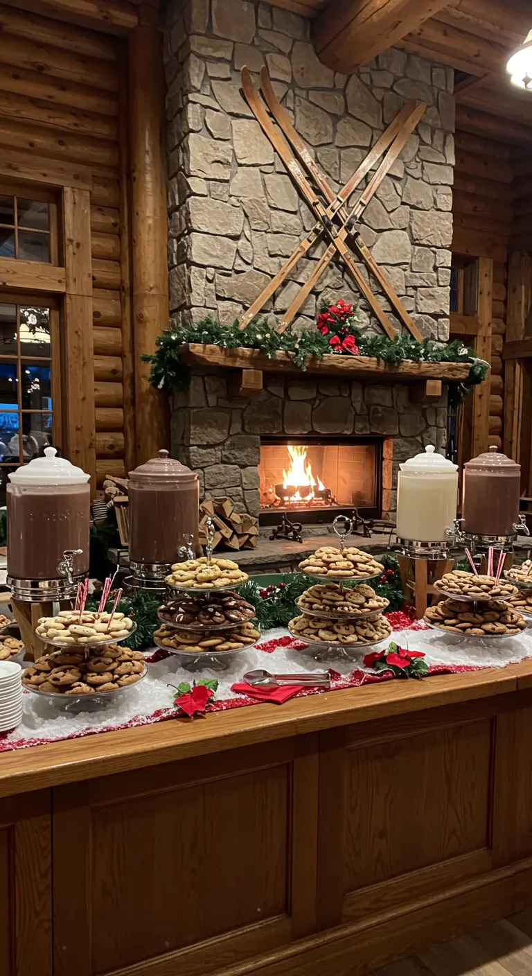 Gran barra de postres estilo refugio de esquí frente a una chimenea de piedra, con múltiples dispensadores.