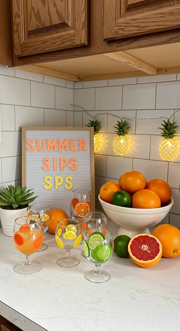Rincón de bebidas de verano con un letrero, copas decoradas con cítricos y luces de piña.