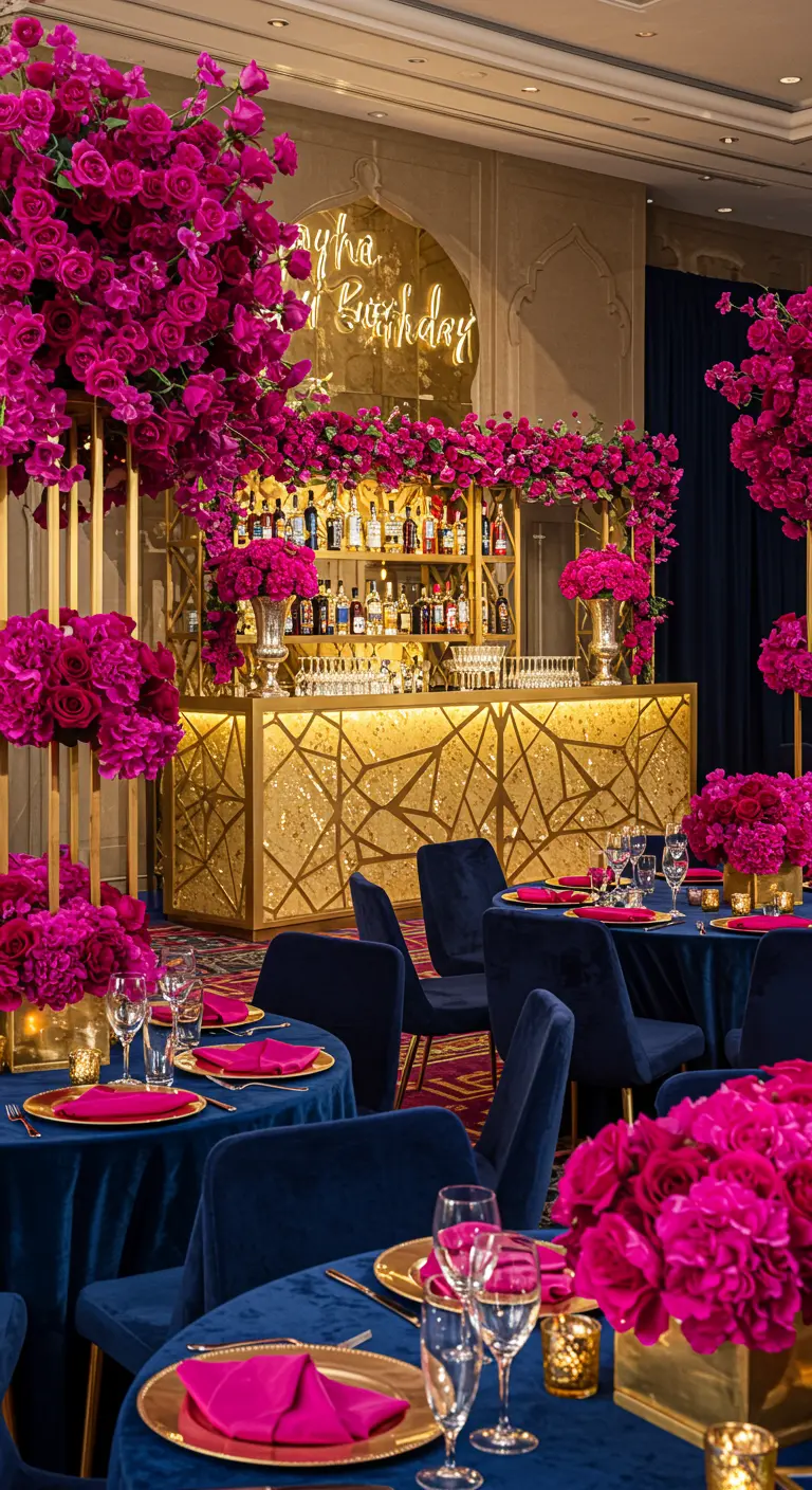 Zona de bar elegante con una barra dorada, flores fucsias y mesas con manteles azul marino.