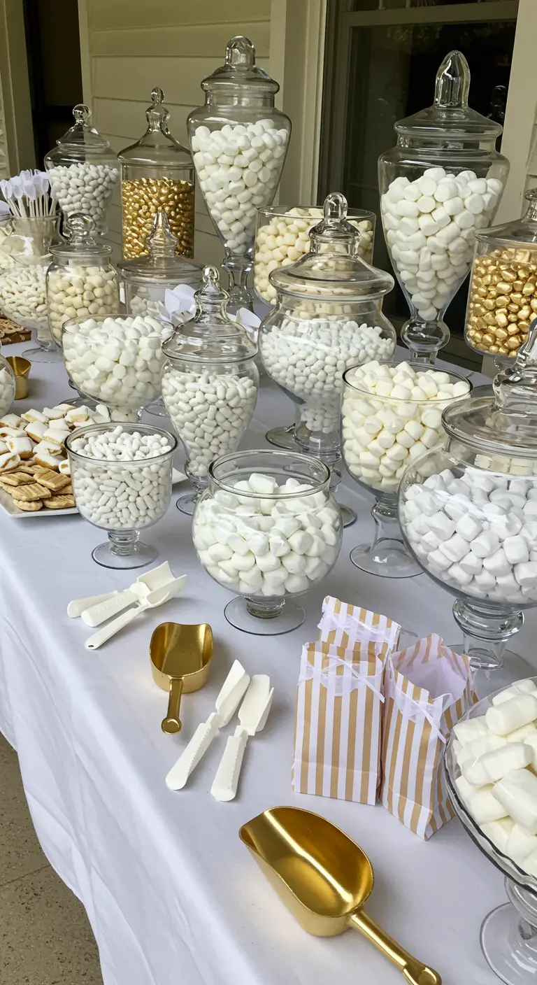 Barra de dulces llena de frascos de cristal con golosinas blancas y doradas, y palas para servir.