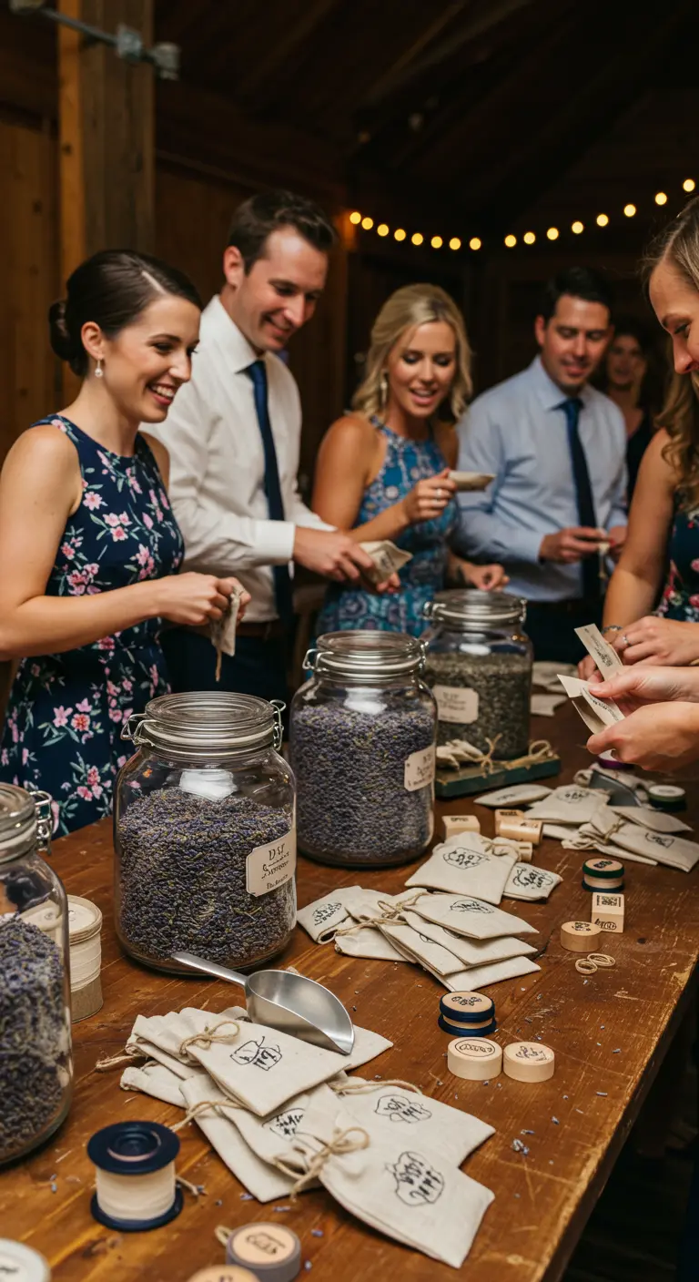 Invitados en una mesa de madera llenando sus propias bolsitas de lavanda de grandes frascos de cristal.