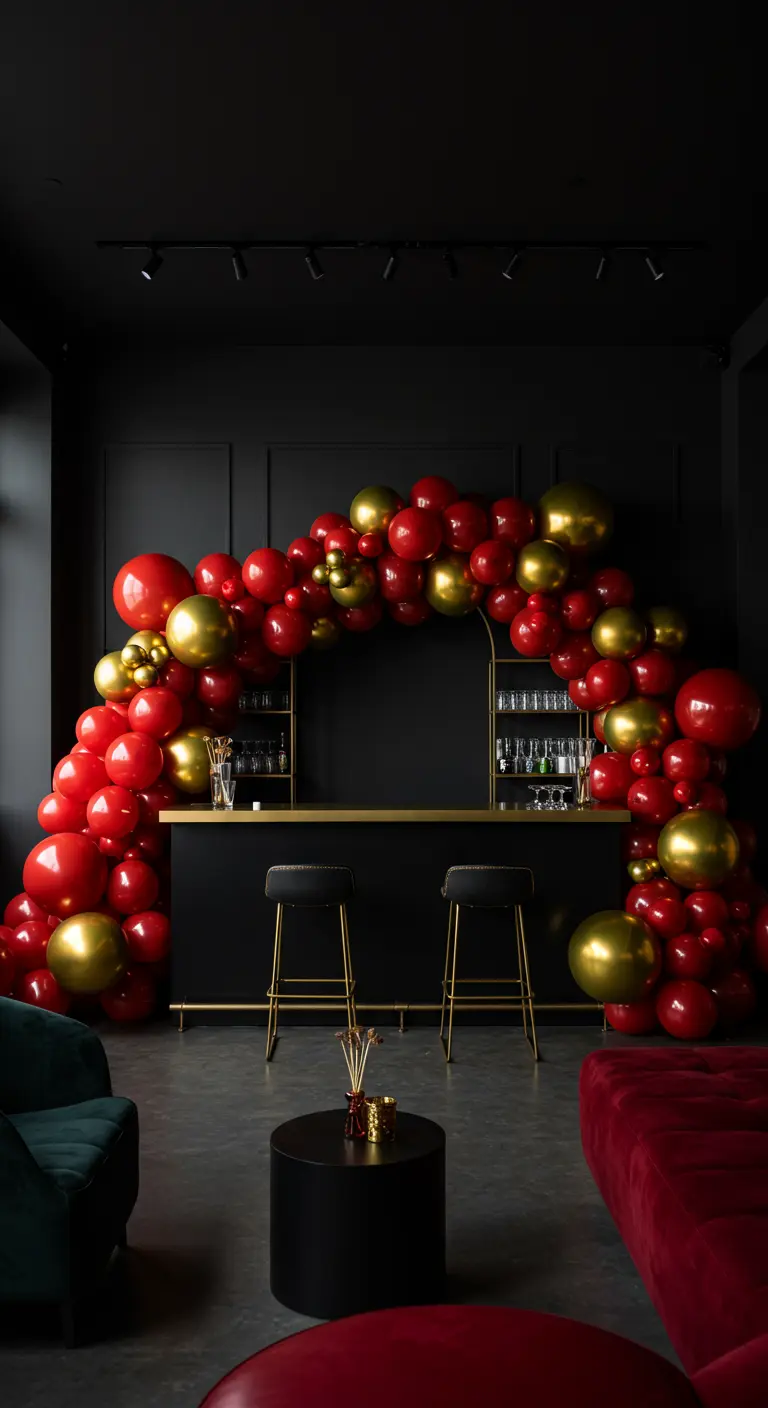 Un arco de globos rojos y dorados rodeando una elegante barra de bar.