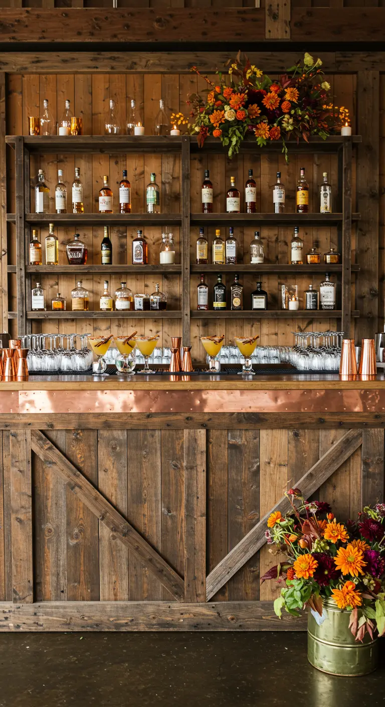 Barra de boda rústica de madera con estanterías de licores y decoración floral.