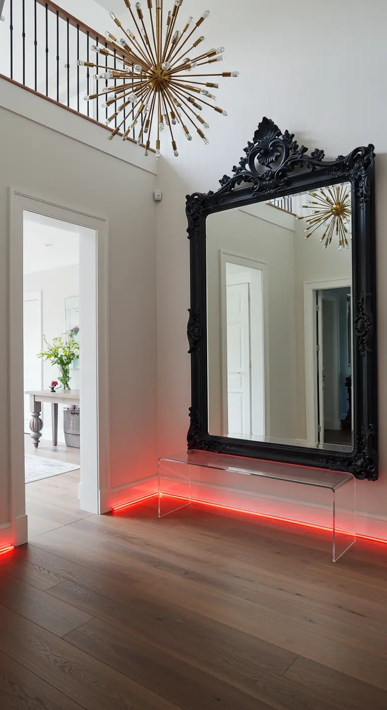 Recibidor con un gran espejo barroco negro, banco de acrílico y luz de neón roja en el suelo.