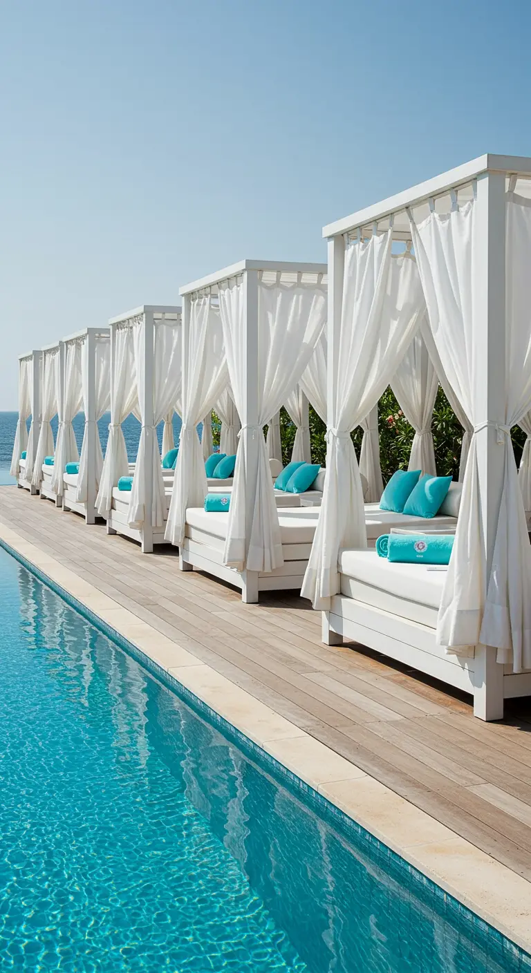 Fila de camas balinesas blancas con cojines turquesa junto a una piscina con vistas al mar
