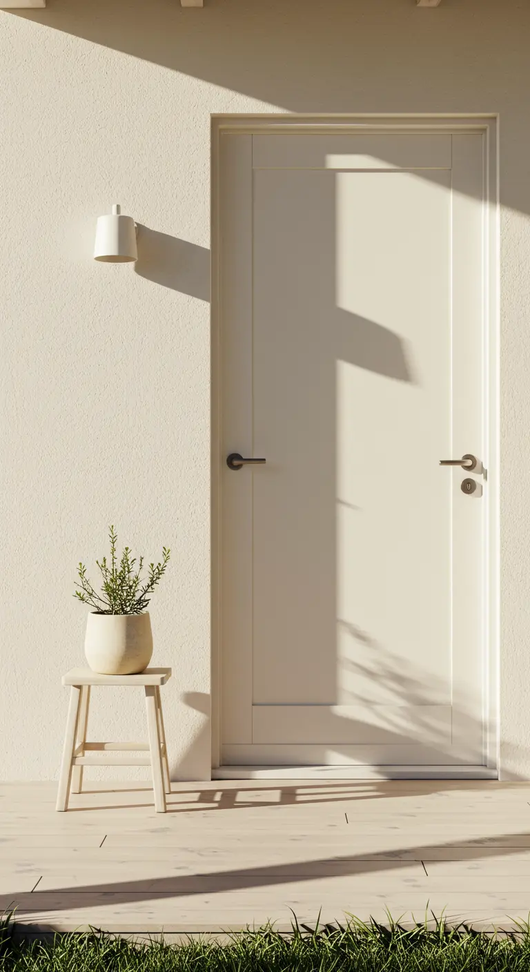 Porche minimalista en tono beige arena con un taburete de madera y una pequeña planta en maceta
