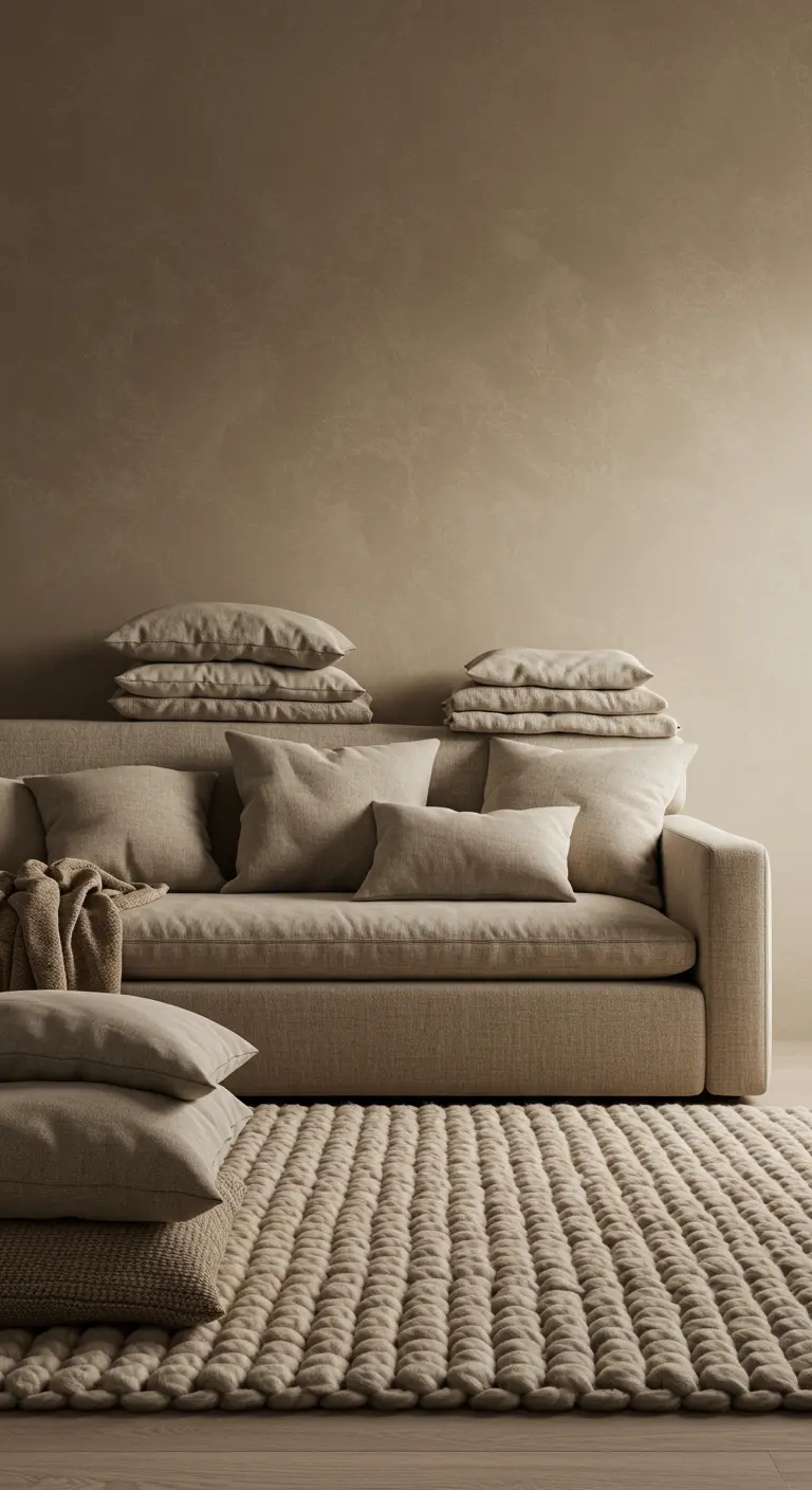 Sala de estar súper acogedora en tonos beige con sofá de lino y alfombra de nudos gruesos.