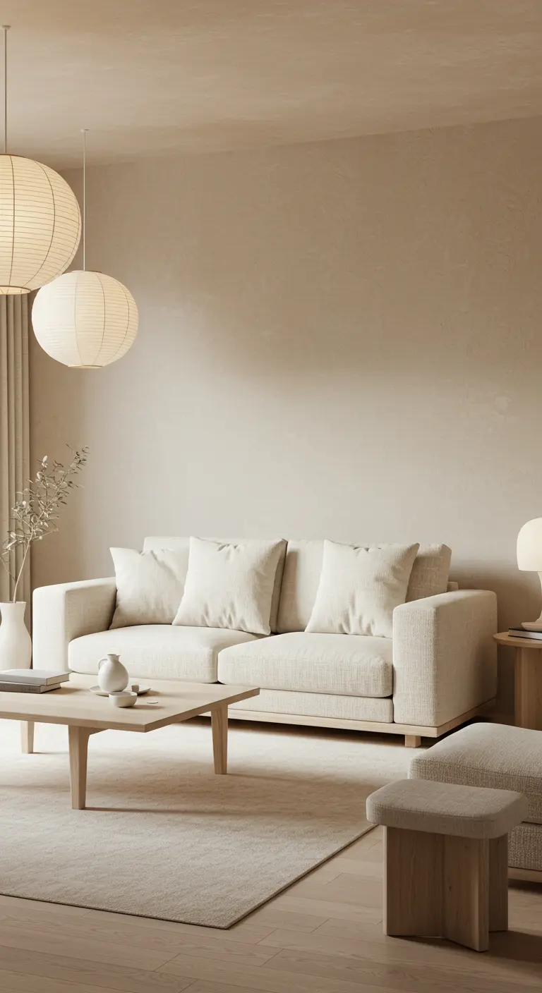 Sala de estar minimalista estilo Japandi en tonos beige con lámparas de papel de arroz.
