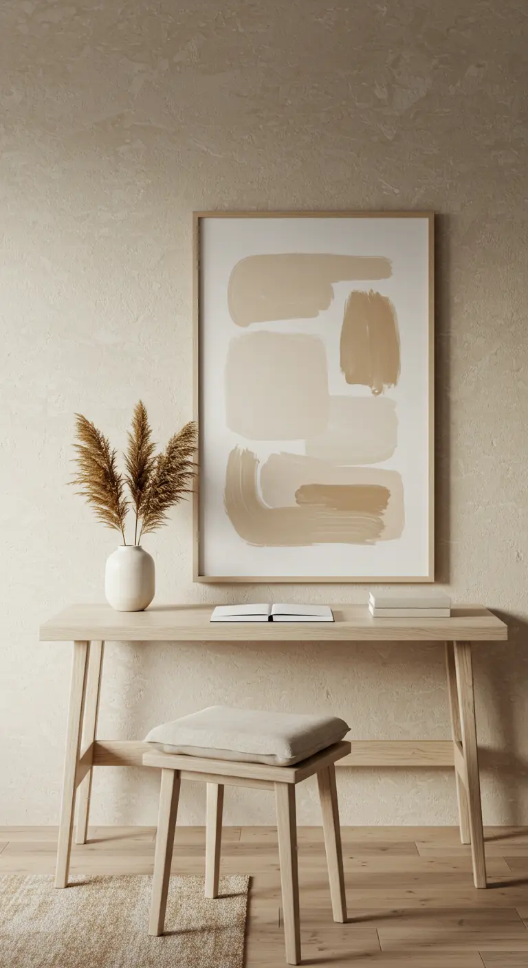 Espacio de trabajo minimalista en tonos beige con escritorio de madera y arte abstracto.