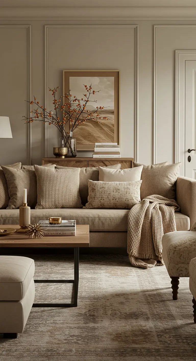 Sofá beige con múltiples cojines texturizados en tonos neutros y ramas decorativas.