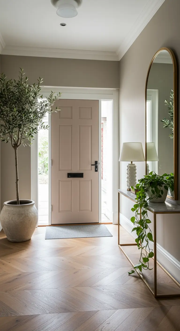 Recibidor en tonos neutros con puerta beige rosado, un olivo y consola dorada.