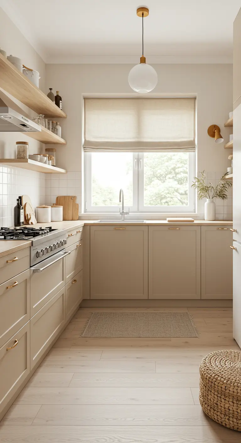 Cocina de estilo Shaker en tonos beige, con estores de lino y alfombra de yute