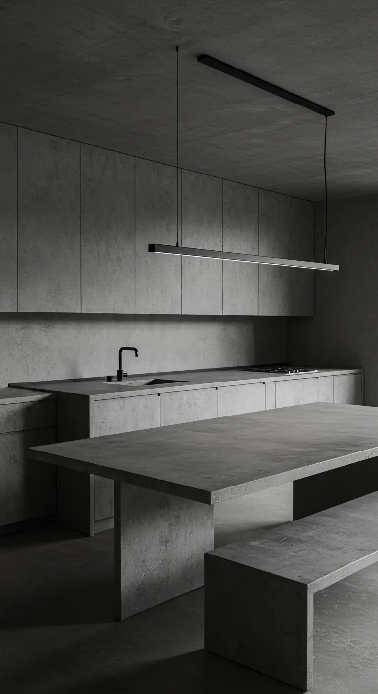Cocina y comedor de estilo brutalista completamente revestidos de hormigón gris.