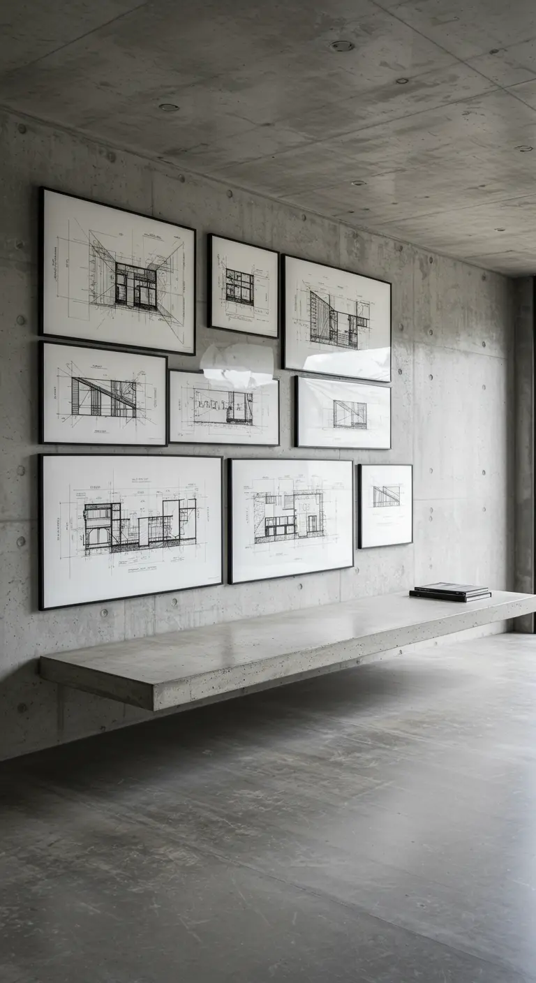 Espacio brutalista con pared de hormigón, galería de planos arquitectónicos y un banco flotante.