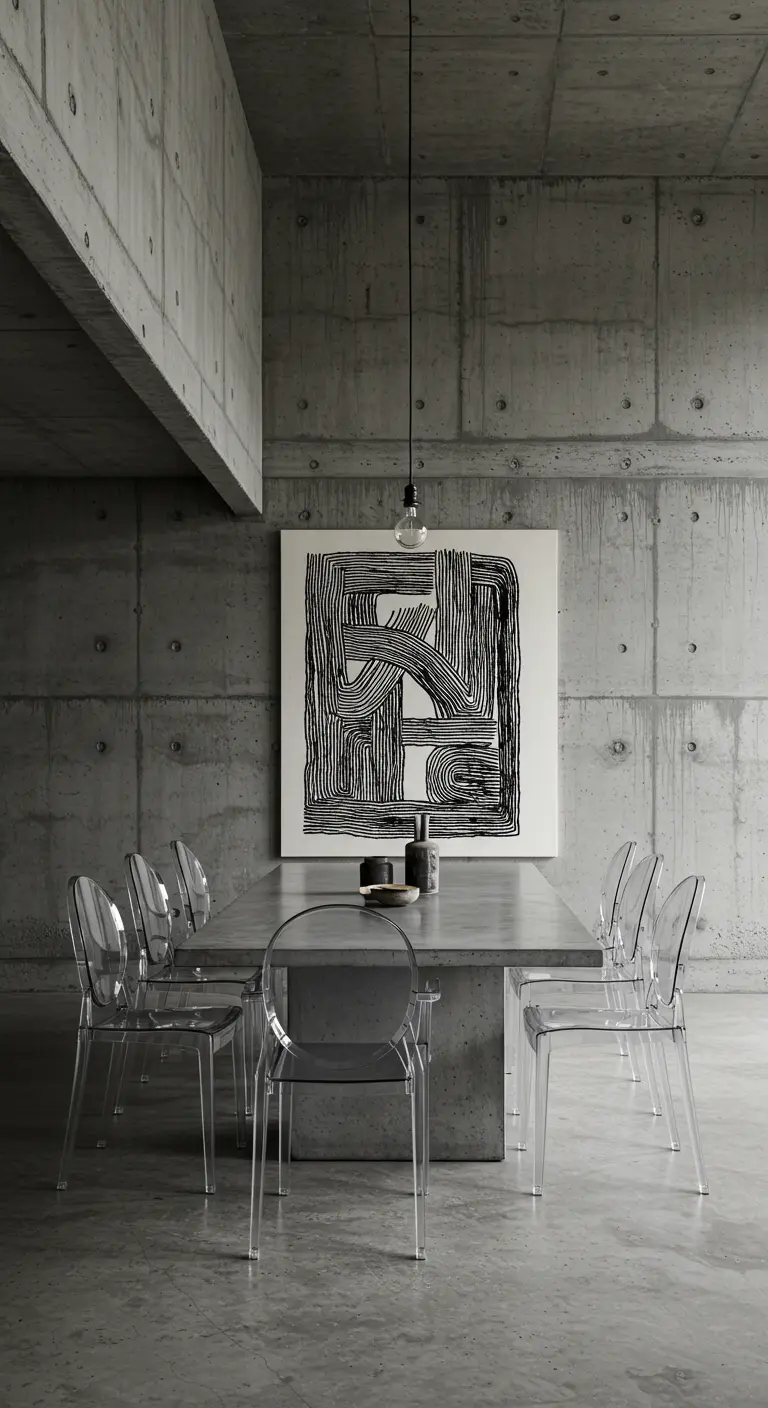 Comedor industrial con paredes de hormigón, arte lineal en blanco y negro y sillas transparentes.