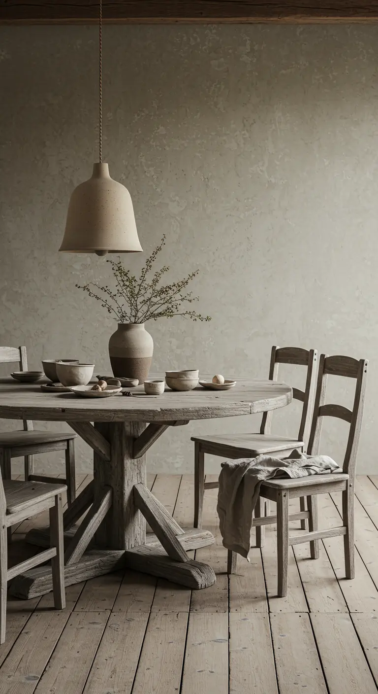 Comedor de estilo Wabi-Sabi con mesa y sillas de madera envejecida y lámpara de cerámica.