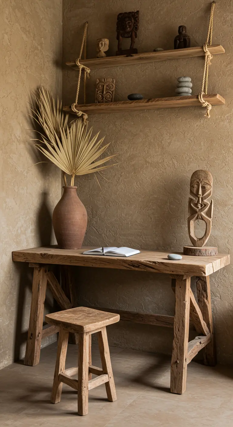 Oficina rústica con escritorio de madera sin tratar, hojas de palma secas en un jarrón y arte tribal.