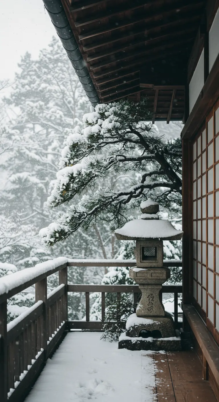 Balcón japonés cubierto de nieve con una linterna de piedra y un pino bonsái.