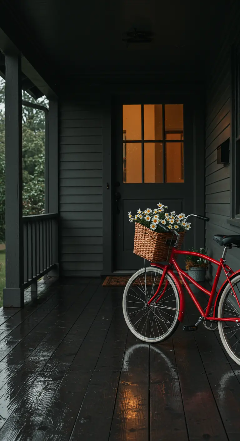 Bicicleta roja con margaritas en un porche de madera oscura en un día lluvioso