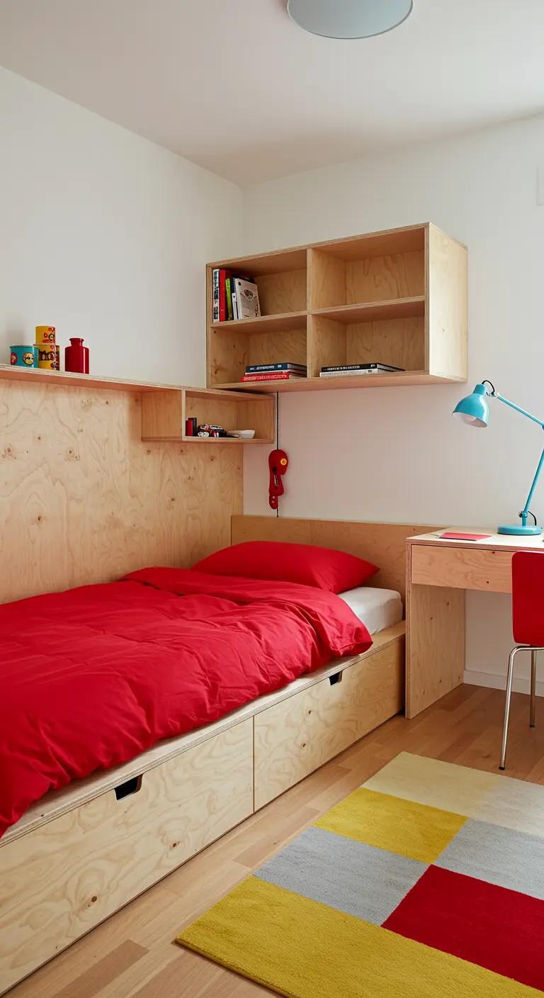 Dormitorio con muebles de madera contrachapada a medida y ropa de cama de color rojo intenso.