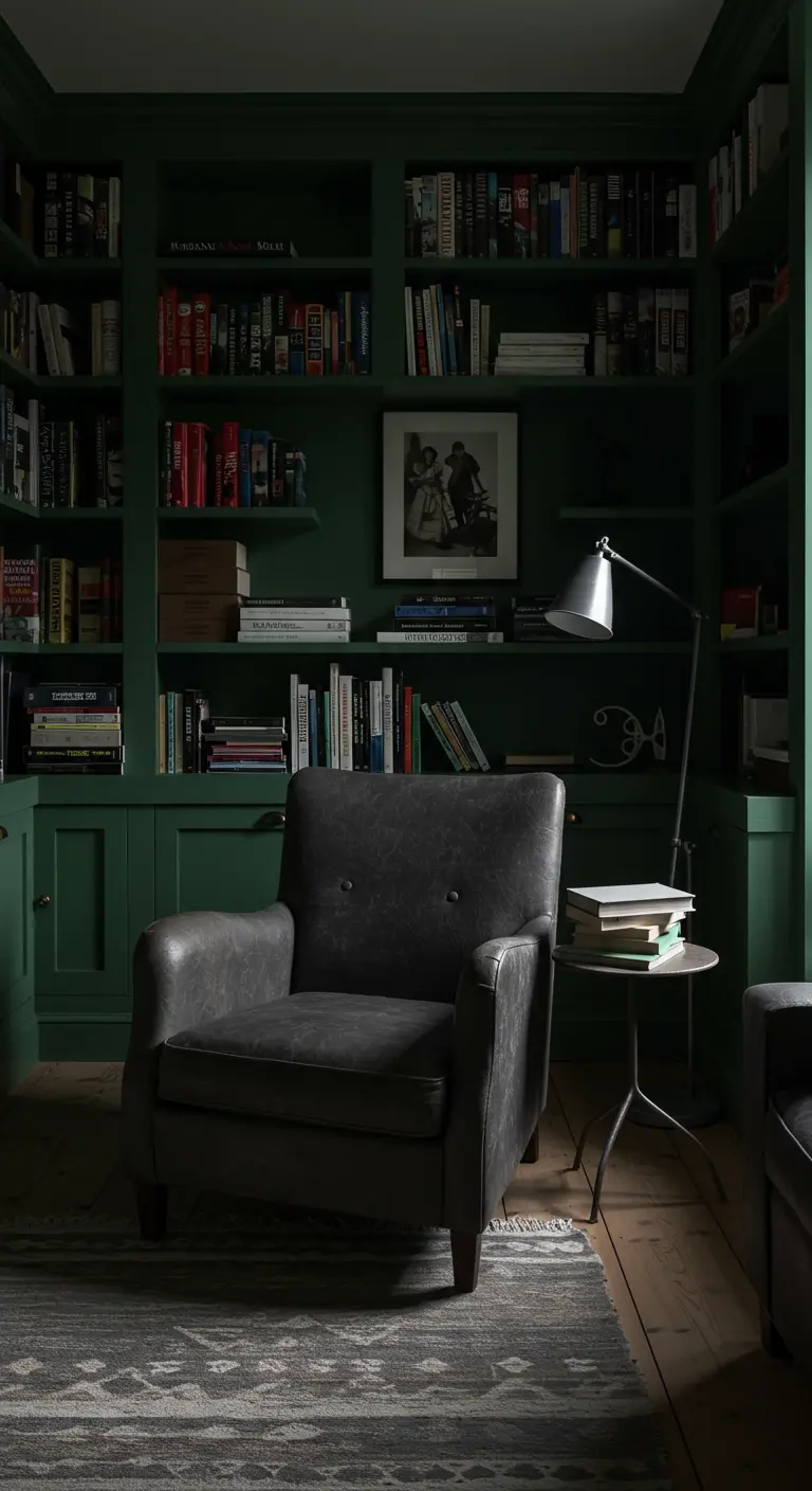 Biblioteca en casa con paredes y estanterías pintadas de verde oscuro y una butaca de cuero.