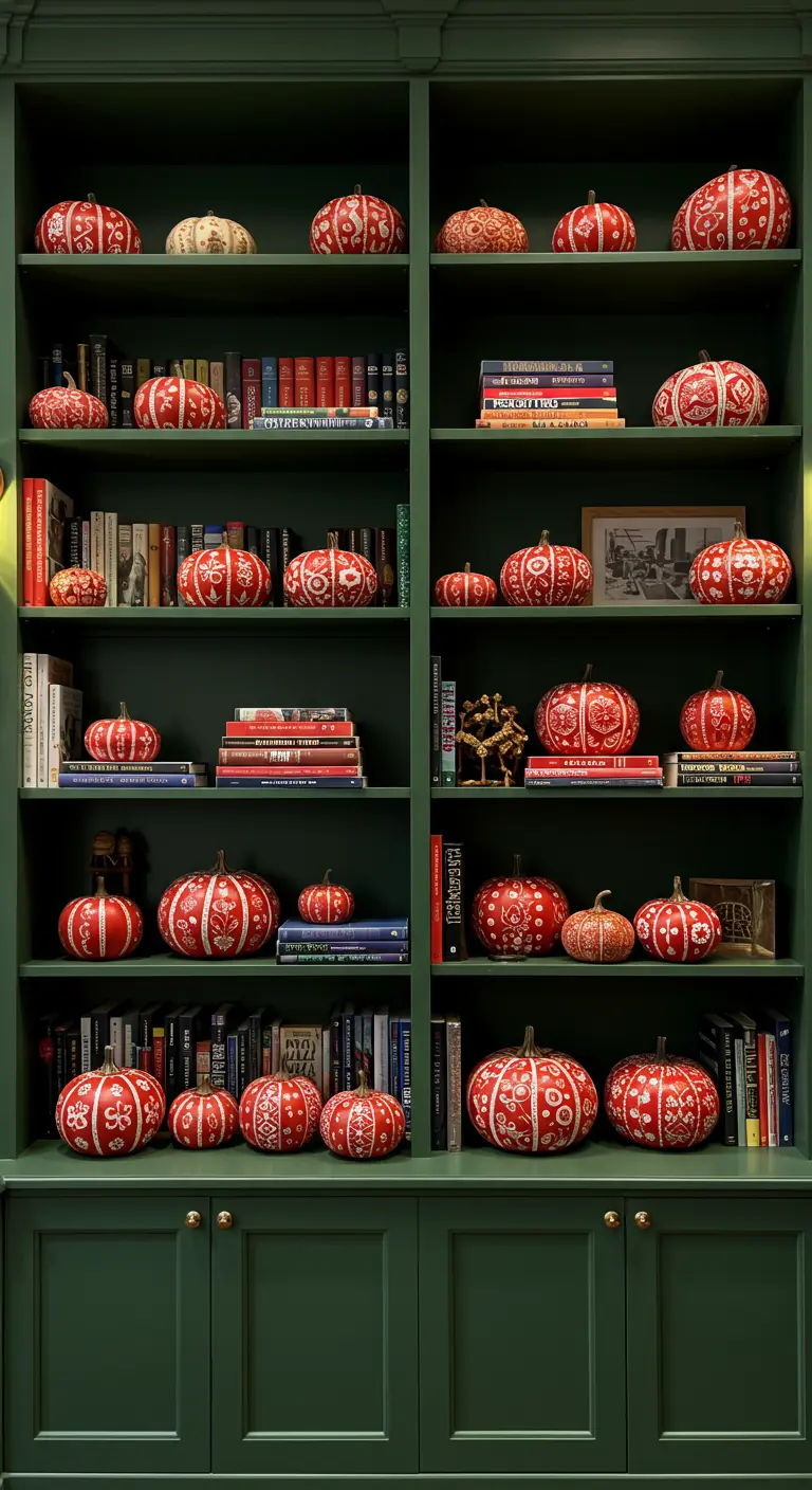 Estantería verde oscuro llena de libros y calabazas rojas con detallados patrones folclóricos blancos.