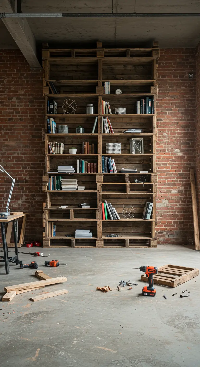 Estantería de pared a techo hecha con pallets apilados contra una pared de ladrillo visto.