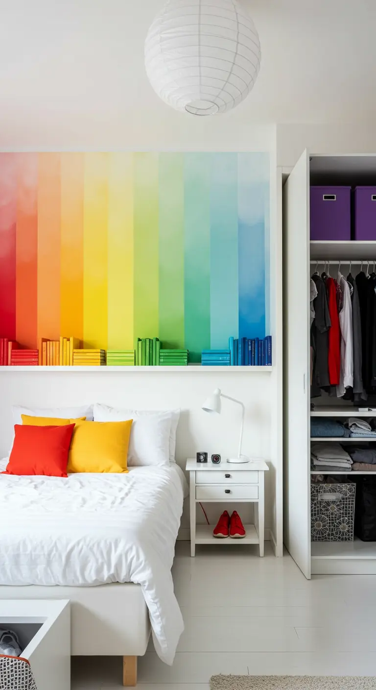 Pared blanca con un degradado de pintura arcoíris y libros organizados por color en una estantería.