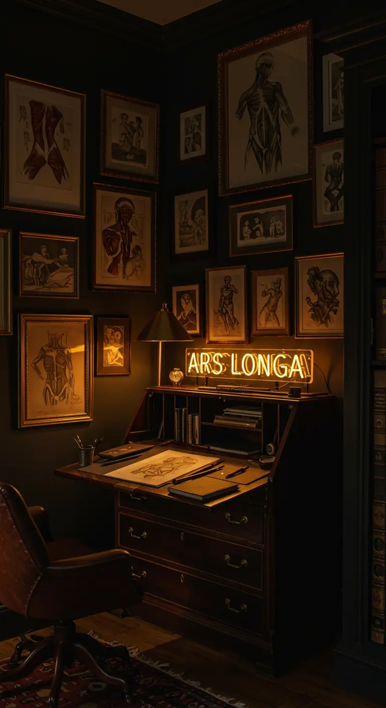 Escritorio de anticuario con un neón cálido 'Ars Longa' y paredes llenas de arte clásico.