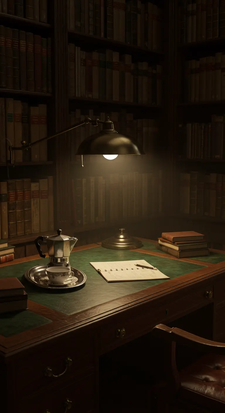 Escritorio de madera oscura en una biblioteca, iluminado por una lámpara de banquero.