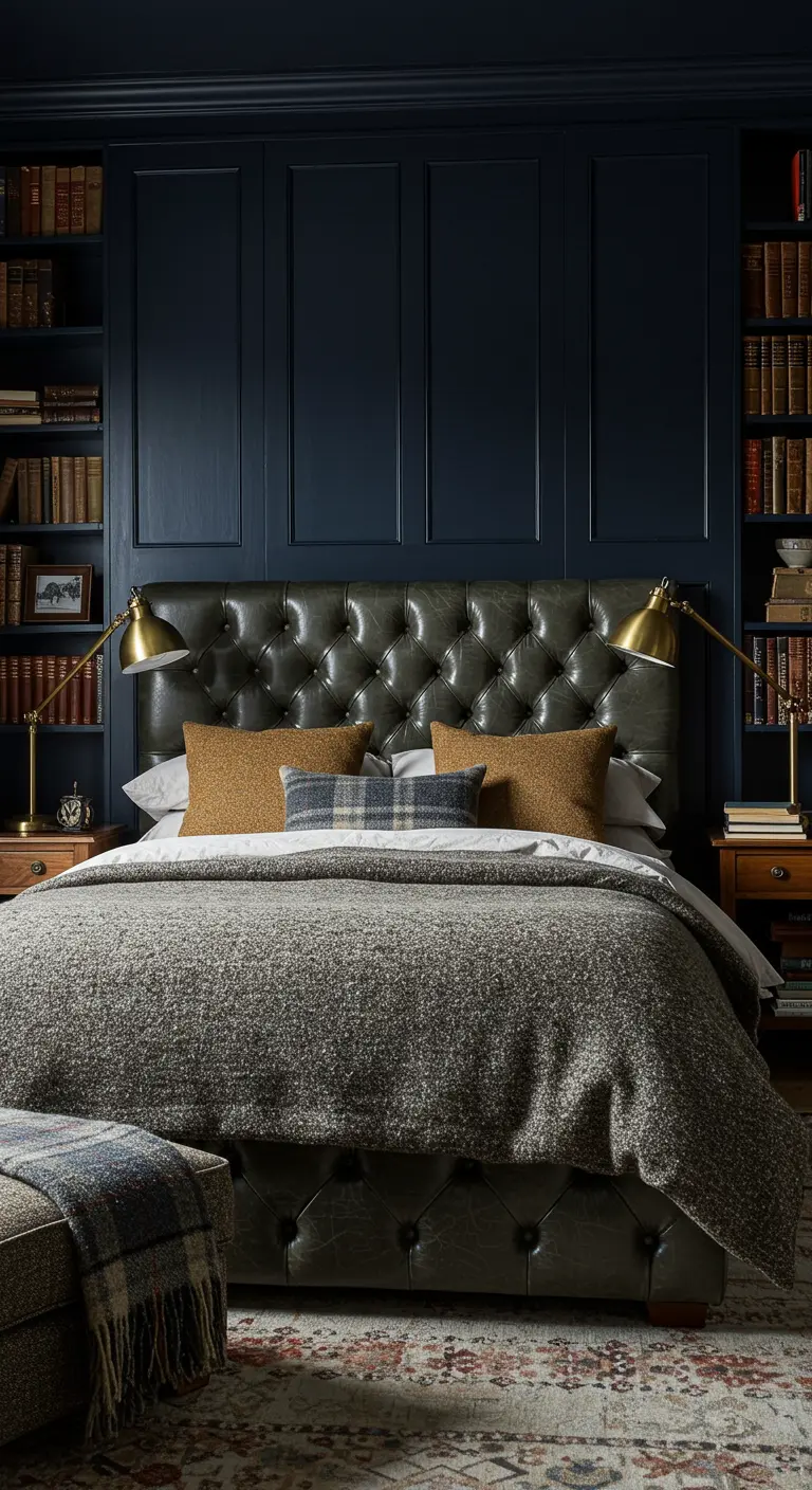 Dormitorio elegante con cabecero de cuero capitoné, paredes azul marino y estanterías de libros.