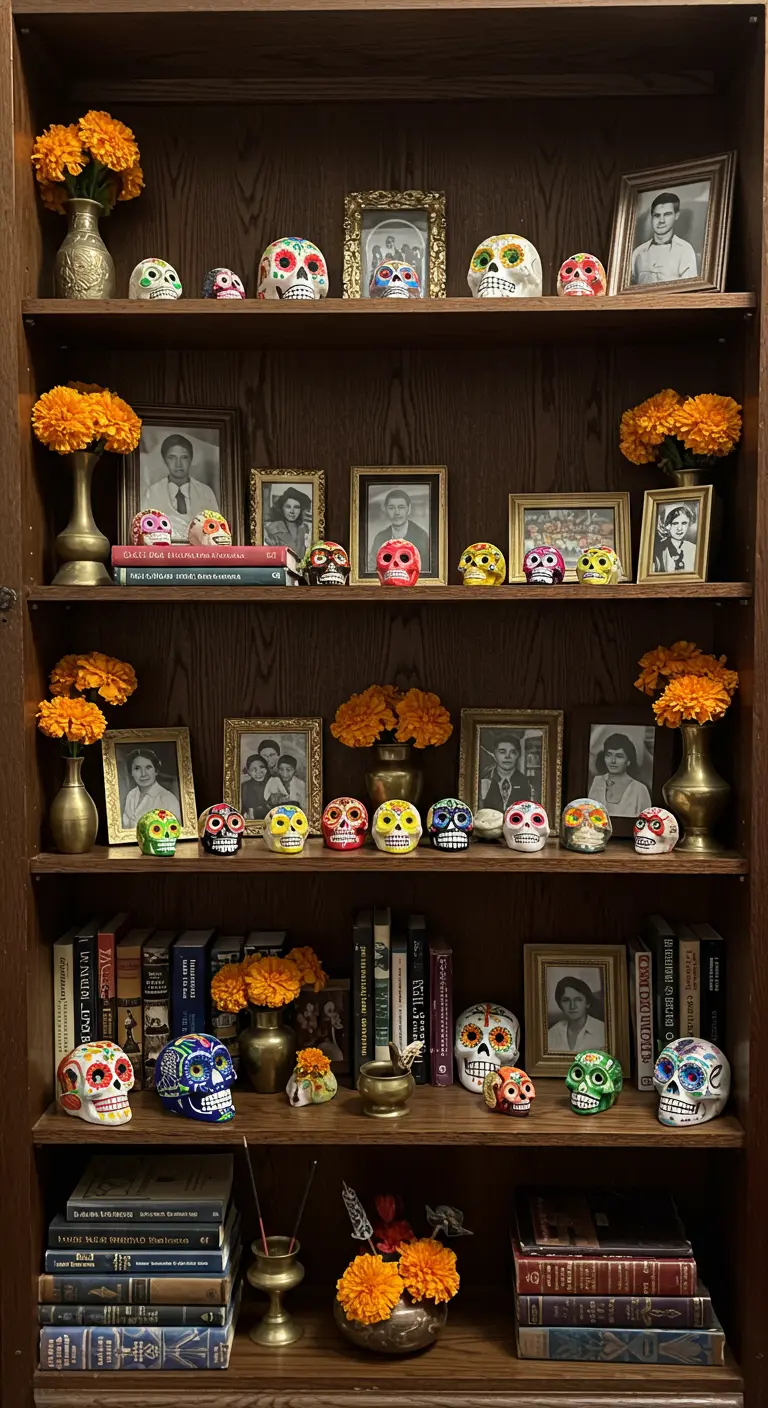 Estantería de madera oscura decorada con calaveritas, fotos enmarcadas y jarrones con flores.