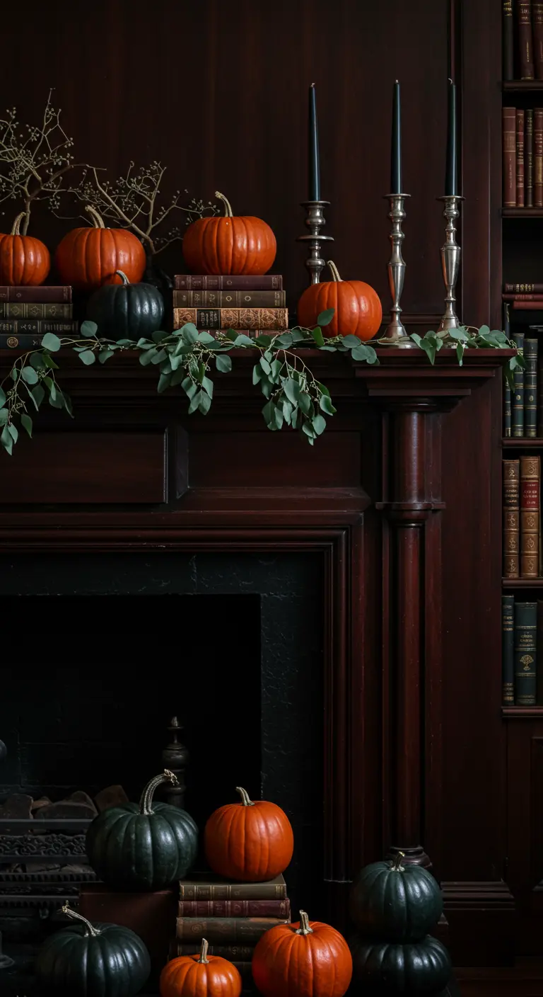Repisa de chimenea de madera oscura con calabazas sobre libros, velas negras y eucalipto.