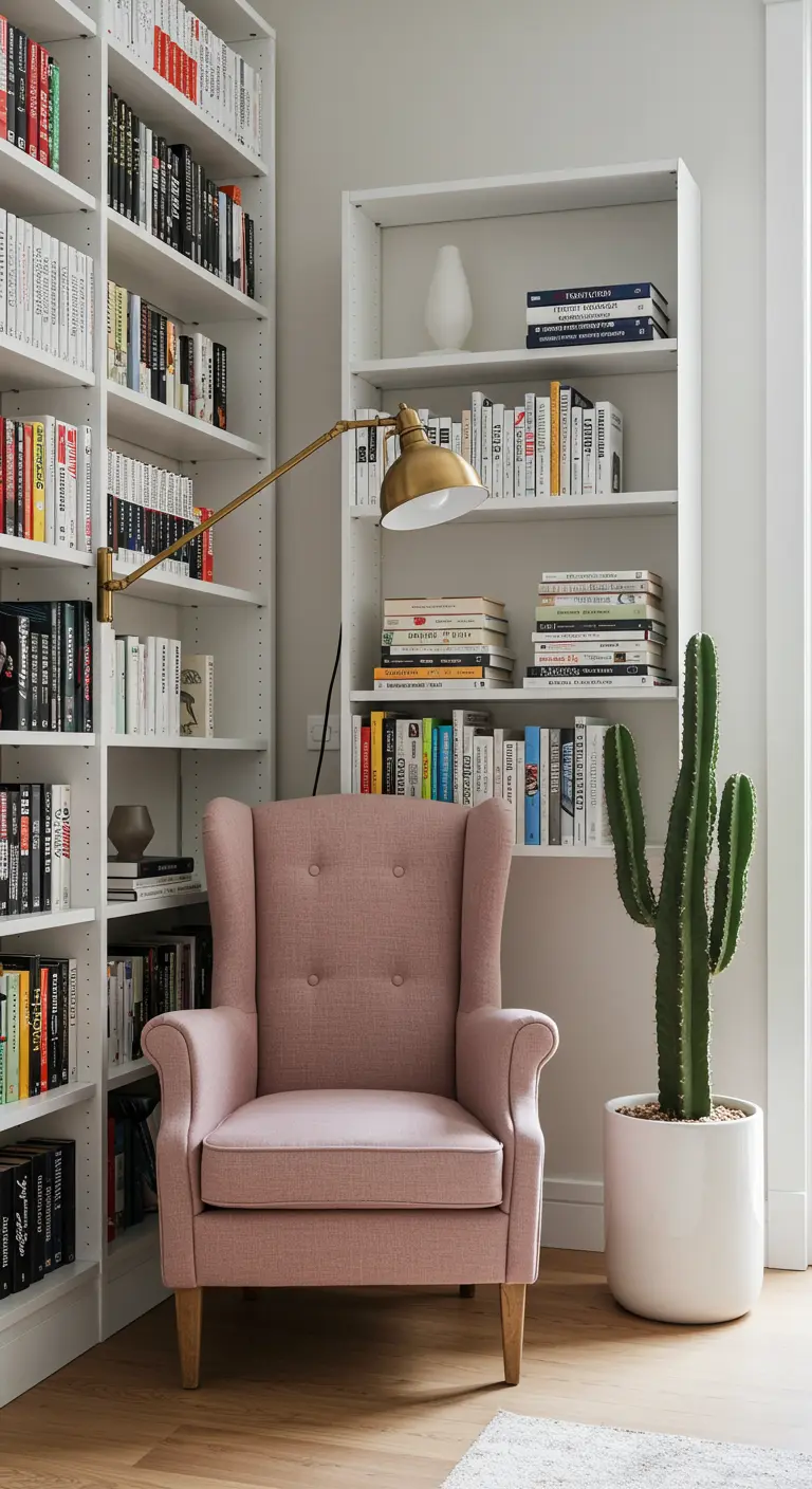 Rincón de lectura con estanterías BILLY, un sillón rosa, lámpara de lectura y un cactus alto.