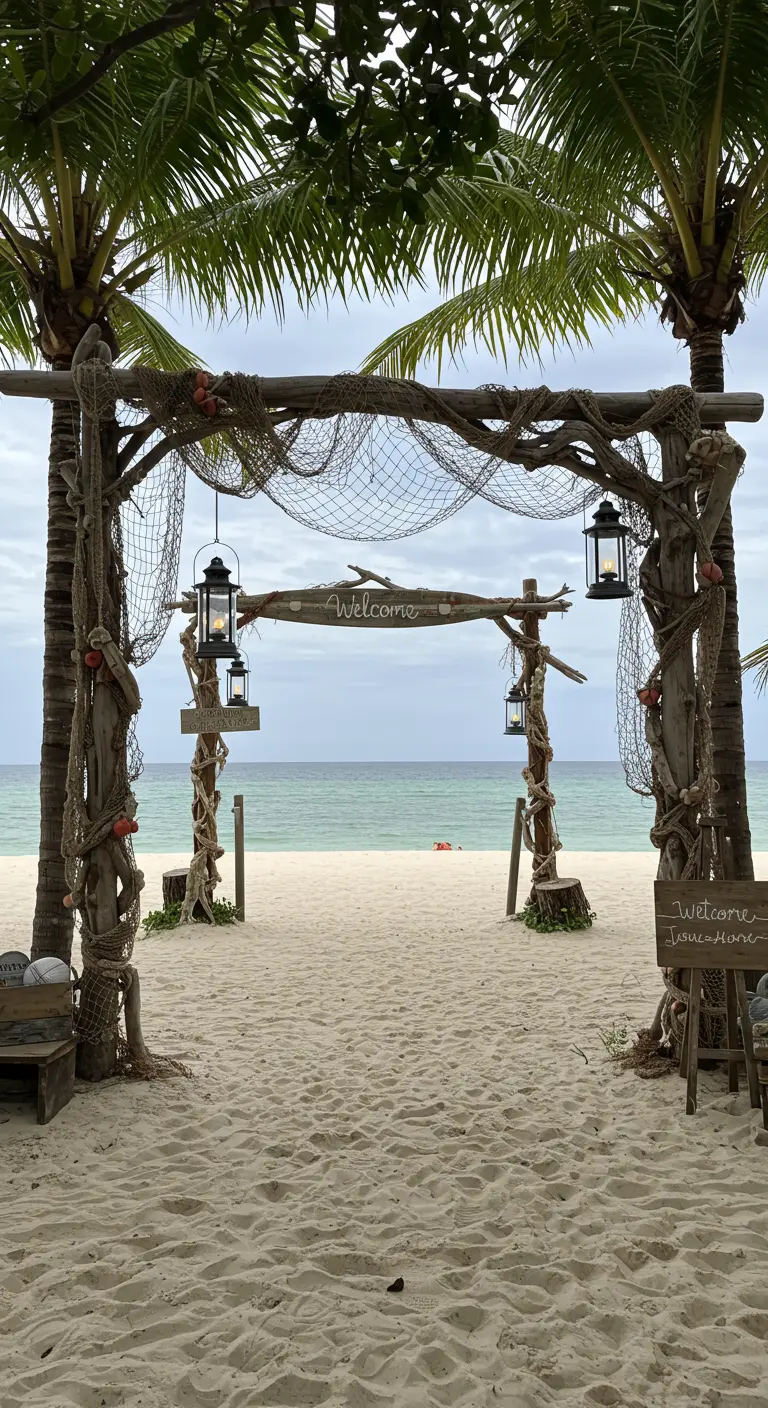 Entrada rústica a una boda en la playa con un arco de madera, redes y faroles.