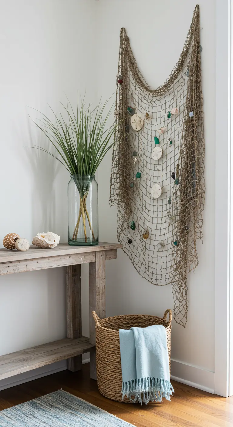 Rincón de entrada con consola de madera y red decorada con dólares de arena.
