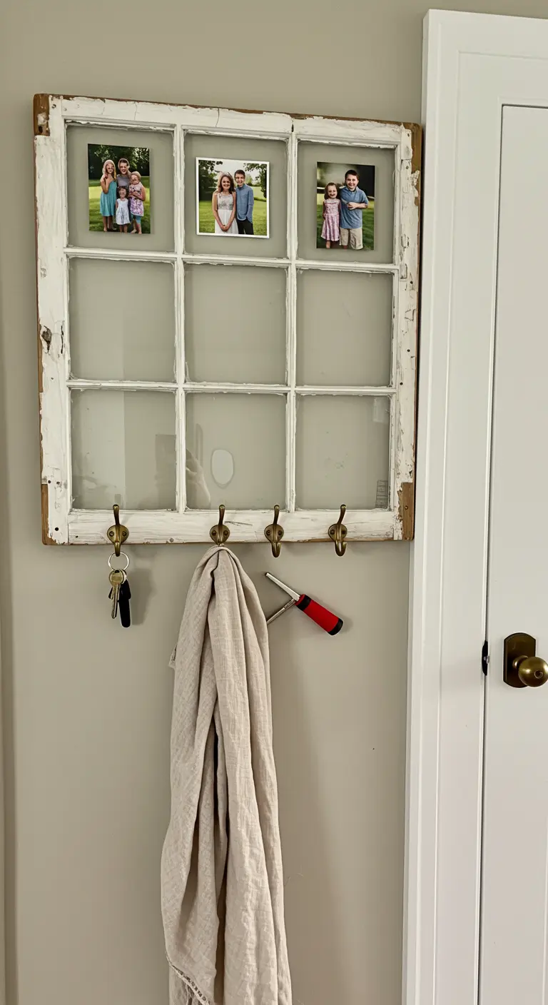Marco de ventana blanco con fotos en la parte superior y ganchos para llaves y abrigos debajo.