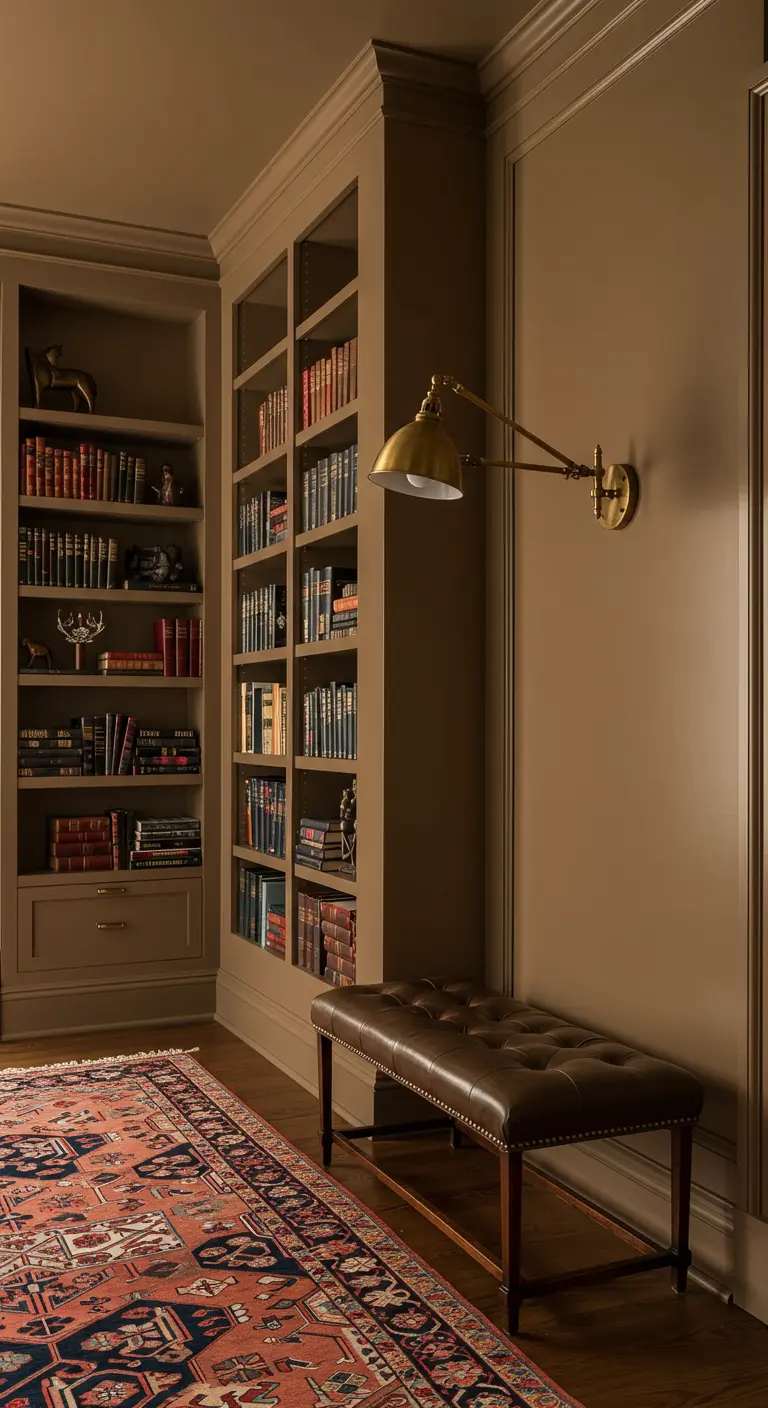 Rincón de entrada con estanterías llenas de libros y un banco de cuero