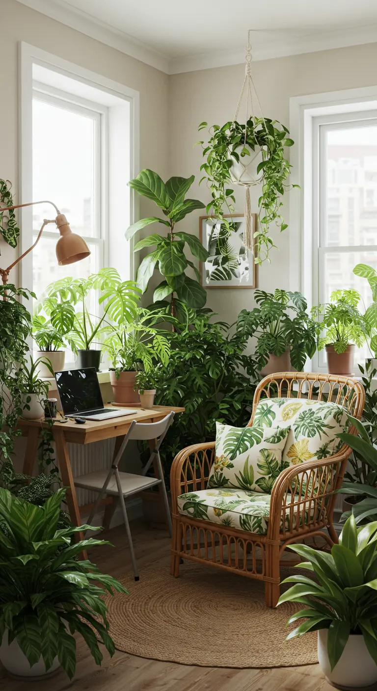 Rincón de trabajo estilo jungla urbana, lleno de plantas, con escritorio de madera y silla de ratán.
