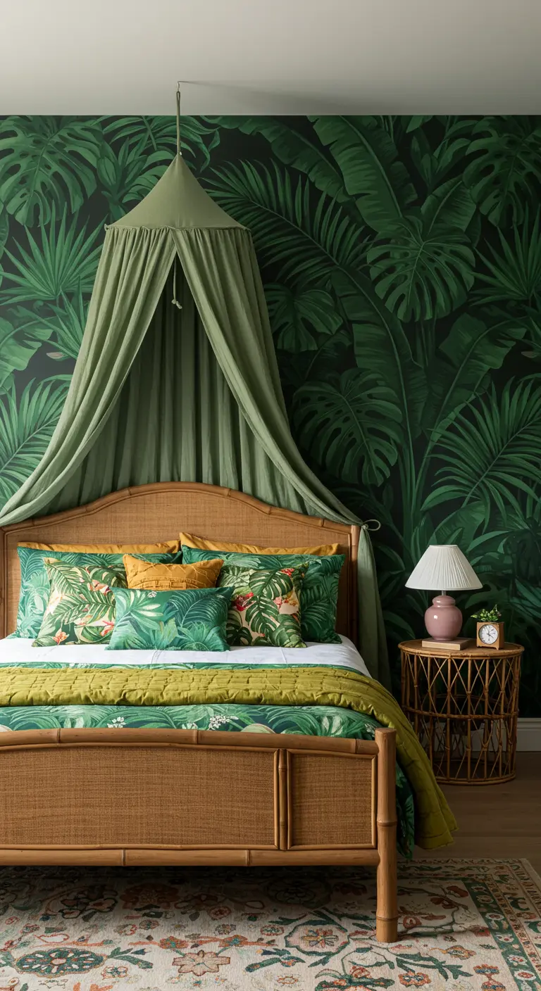 Dormitorio con un exuberante papel pintado de hojas tropicales verdes y una cama de bambú con dosel.