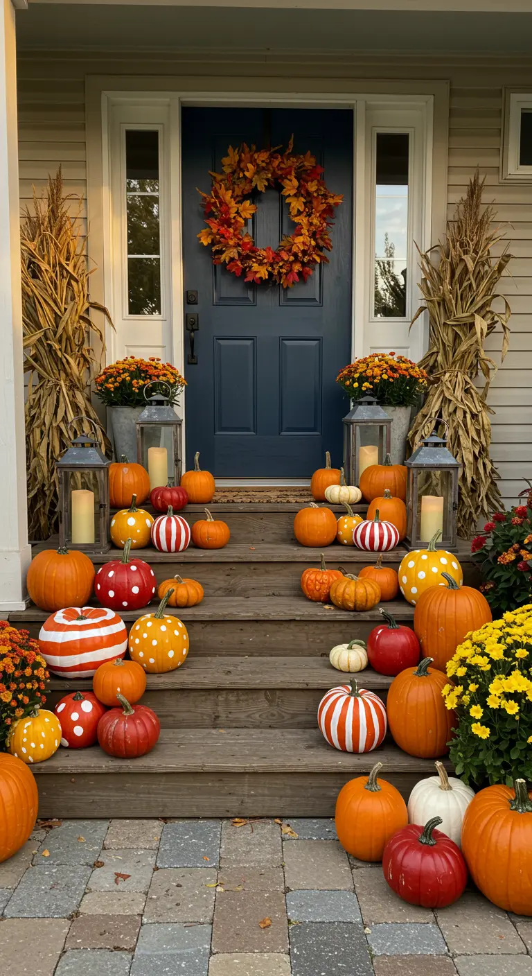 Porche de una casa decorado con calabazas pintadas con lunares, rayas y colores otoñales.