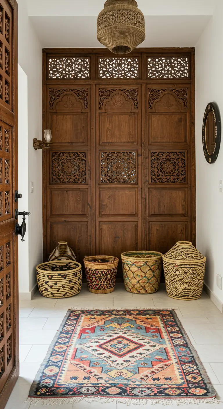 Entrada de inspiración marroquí con paneles de madera tallada y cestas tejidas.