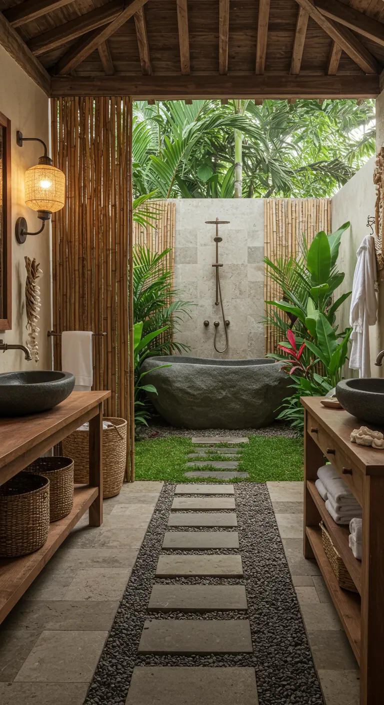 Baño semiabierto de estilo balinés con bañera de piedra en el exterior, plantas tropicales y cerramiento de bambú.