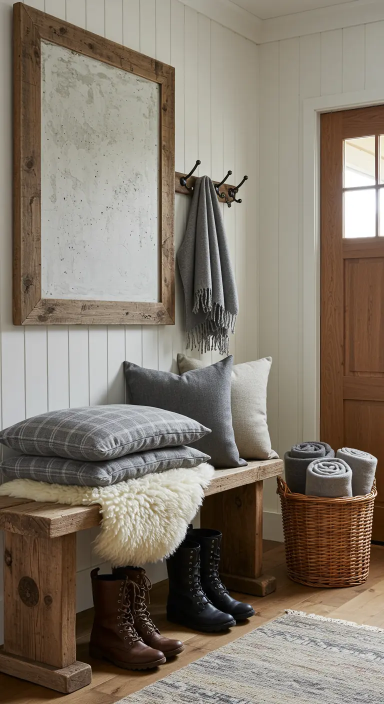 Banco de entrada rústico con cojines grises, piel de oveja y mantas en una cesta.