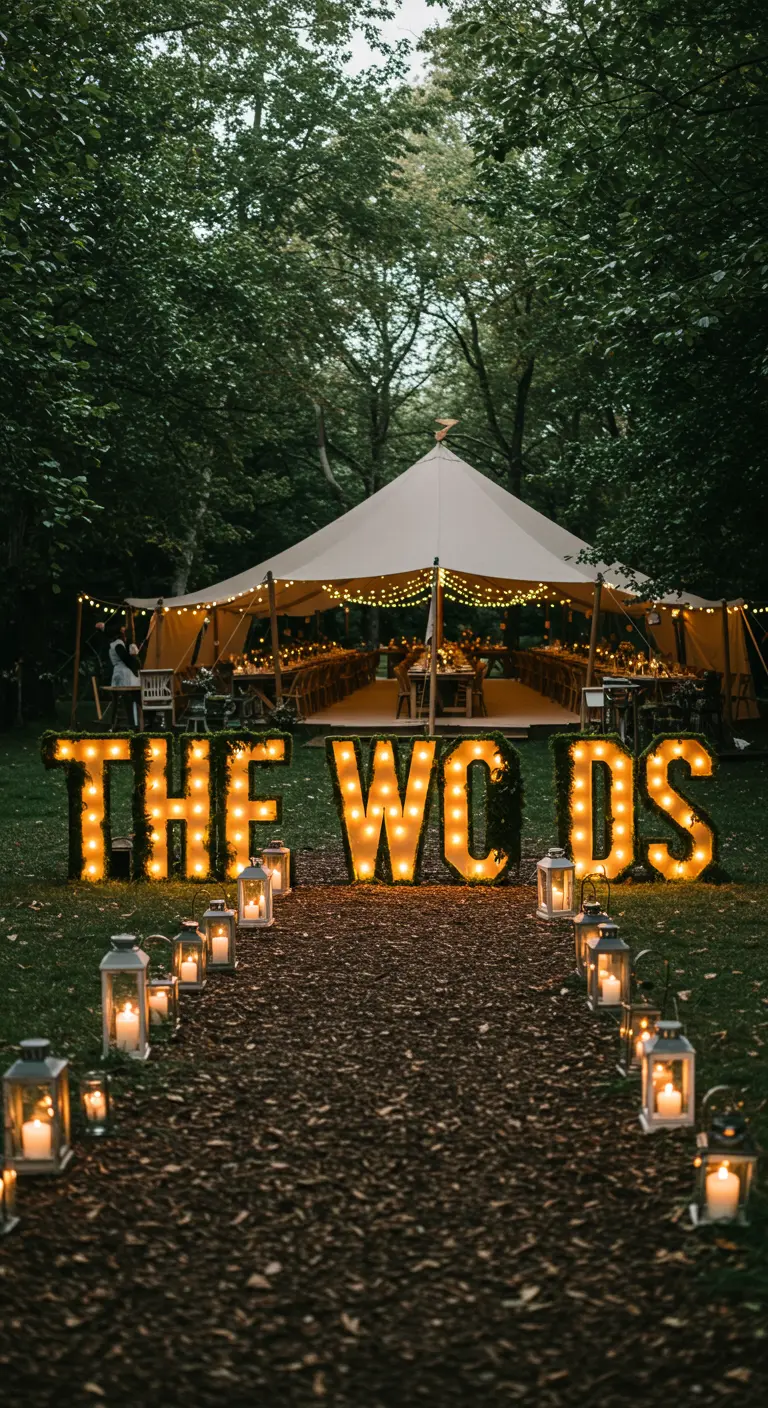 Letras luminosas que dicen THE WOODS a la entrada de una carpa en un bosque.