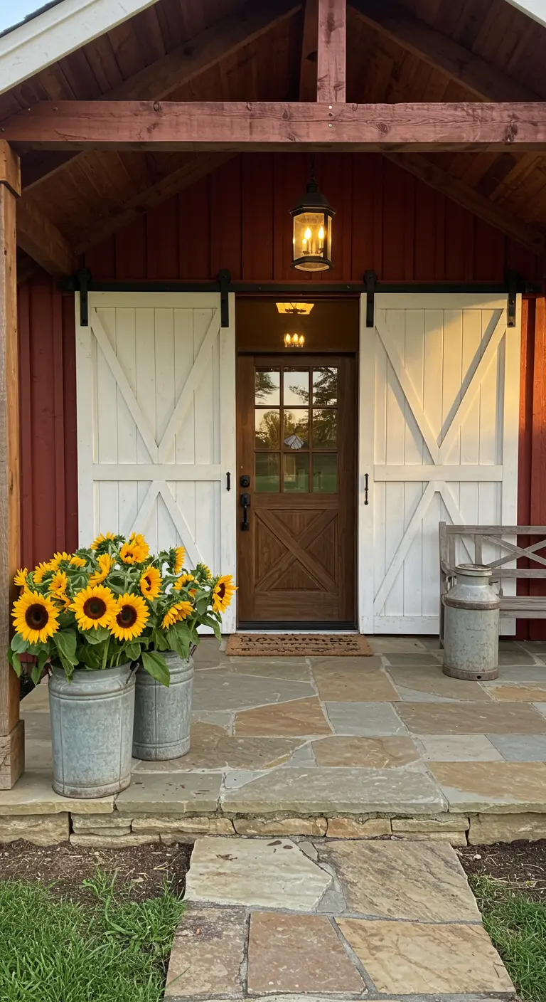 Entrada rústica con fachada roja, puertas de granero blancas y cubos de metal con girasoles.