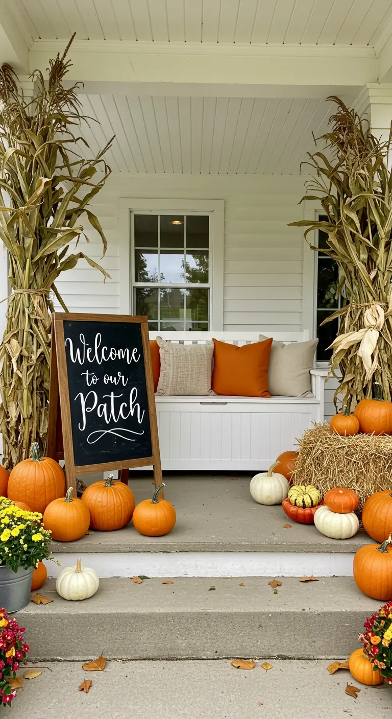 Porche de otoño con banco blanco, calabazas, tallos de maíz y un letrero de pizarra.